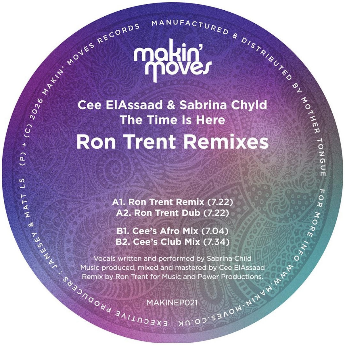 Cee EIAssaad & Sabrina Chyld - The Time Is Here (inc Ron Trent Remixes) **Limited Aquamarine Green Vinyl Edition**